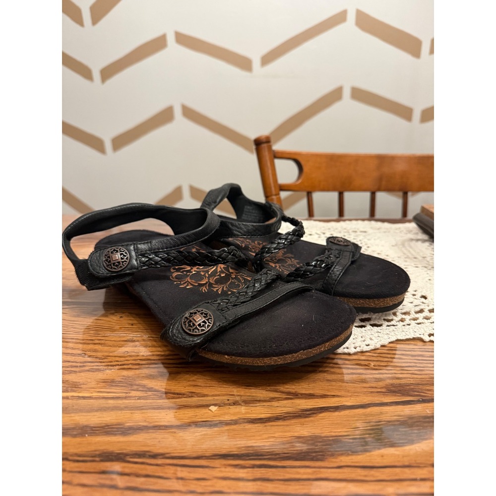 Aetrex Scarlett Sandals Women Size 9 Black Leather Braided Medallion SC450W